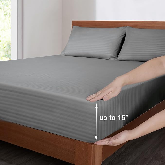 Mejoroom Striped Grey-01 1800 Thread Count Queen Sheet Set - Hypoallergenic, Deep Pocket, Breathable, Wrinkle & Stain Resistant - 4 Piece