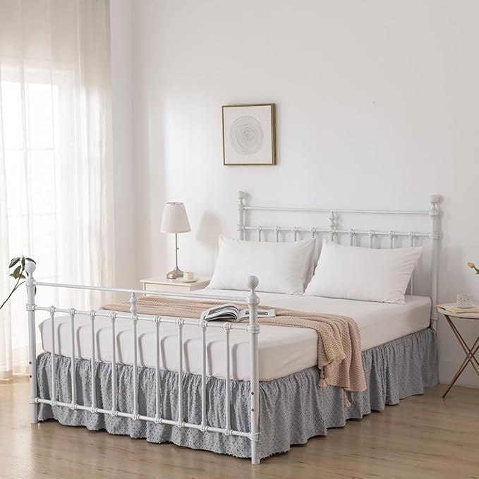 Tufted Dot Bed Skirt Queen Size Ruffled Bed Skirt with Split Corners, 14 Inch Drop Dust Ruffle Bed Skirts with Platform, Light Grey