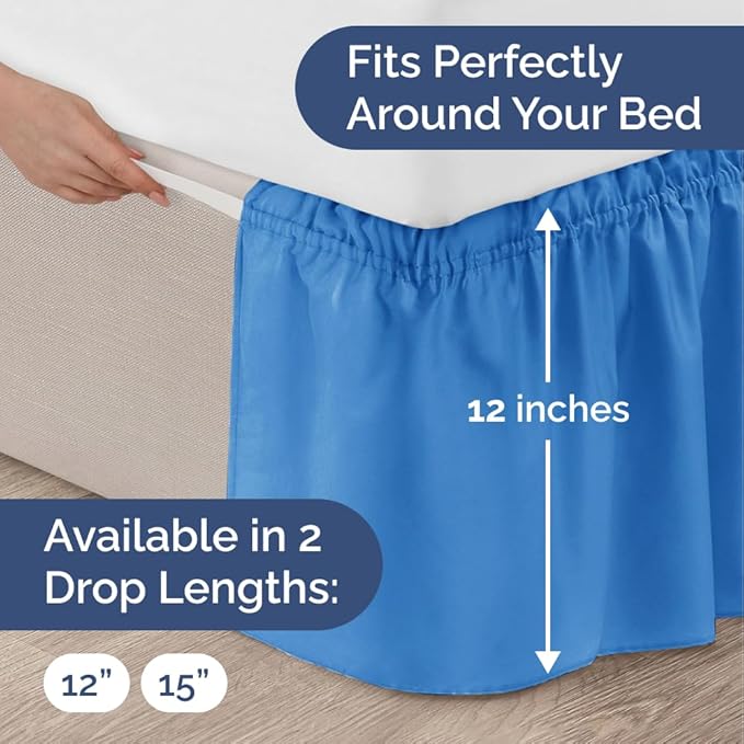 Wrap Around Dust Ruffle Bed Skirt - Royal Blue - for Full Size Beds w/ 12 Inch Drop - Easy Fit Elastic Strap - Adjustable Pleated Bedskirt w/Brushed Fabric - Wrinkle Free, Women, Men, Kids & Teens