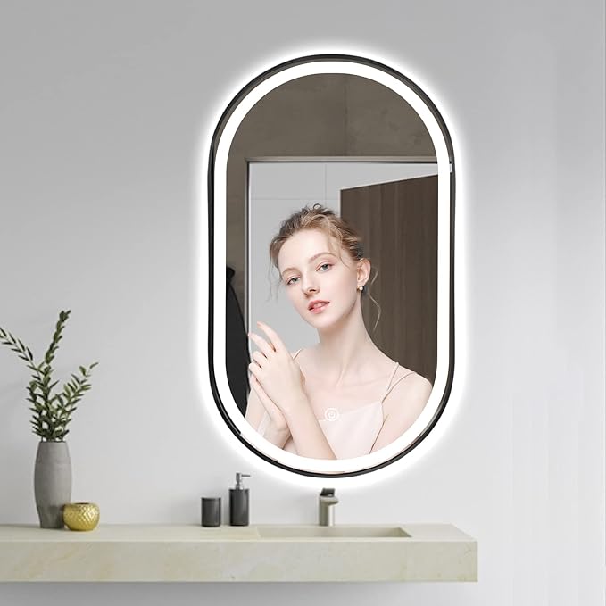 36"x24" Oval LED Bathroom Mirror with Lights, Black Anti Fog Lighted Vanity Mirror Wall Mounted, Stepless Dimmable LED Oval Mirror, Memory, ShatterProof, Front/Backlit, Horizontal/Vertical