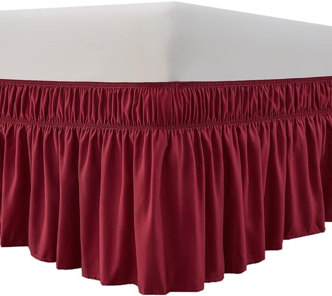 MEILA Wrap Around Bed Skirt Three Fabric Sides Elastic Dust Ruffled 14 Inch Tailored Drop,Easy to Install Fade Resistant-Burgundy, Queen/King