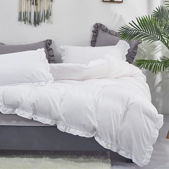 Cottonight White Comforter Set Queen Ruffle Bedding Comforter Set Farmhouse Boho Ruffles White Blanket Quilts Soft Breathable Bedding Set for Queen Bed