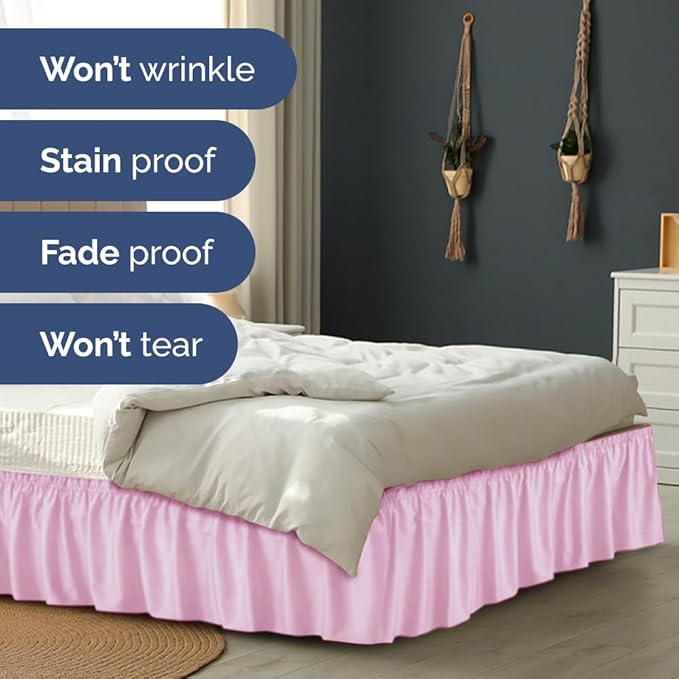 Wrap Around Dust Ruffle Bed Skirt - Light Pink - Twin/Twin XL Size Beds with 21 Inch Drop - Elastic Strap - Adjustable Pleated Bedskirt with Brushed Fabric and Wrinkle Free - Women, Men, Kids & Teens