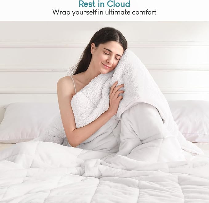 Cottonblue Sherpa Fleece Weighted Blanket 15 lbs for Adult, Sherpa Flannel Cozy Plush Bed Blankets, Fuzzy Sherpa Flannel Blanket Full Size, Minky Soft Blanket for Sofa Bed,48 x 72 inches,Snow White