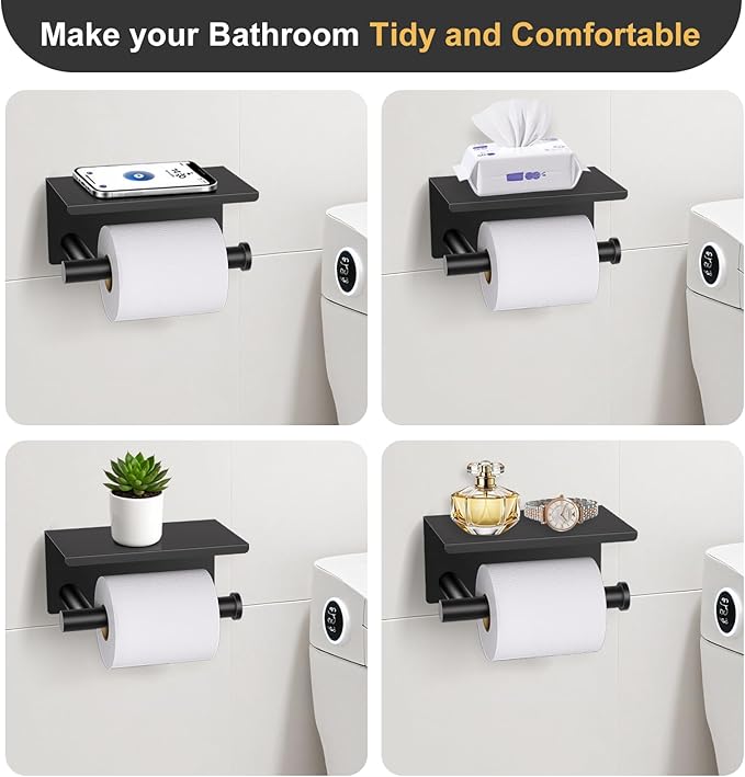 Black and Gold Bathroom Hardware Set, 5 Pieces Towel Bar Bathroom Accessories, Upgraded Toilet Paper Holder with Shelf Set, 23.6 Inch Towel Rack Towel Holder for Bathroom Wall