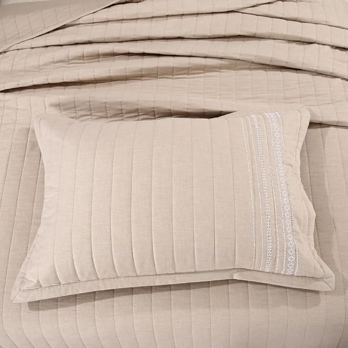 Quilt Set Floral Leaves 3D Embroidery Pattern 2 PCS Cotton Reversible Quilted Embroidered Decorative Bedspreads Coverlet Set, Lightweight &Soft Queen Size Beige Bedding Coverlet for All Season