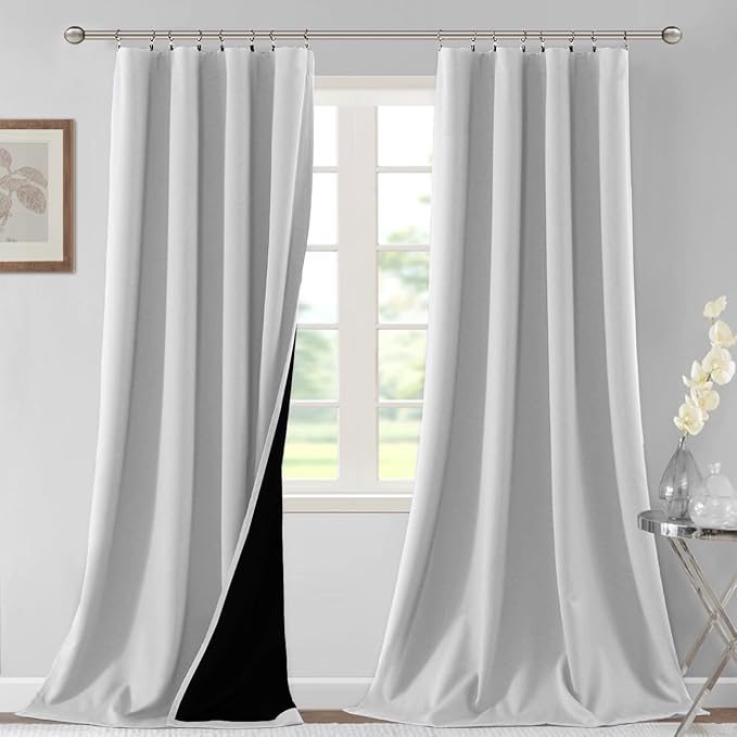 H.VERSAILTEX 100% Blackout Curtains for Bedroom Thermal Insulated Blackout Curtains 96 Inches Long Rod Pocket/Clip Rings Curtains for Living Room with Black Liner 2 Panels, Greyish White