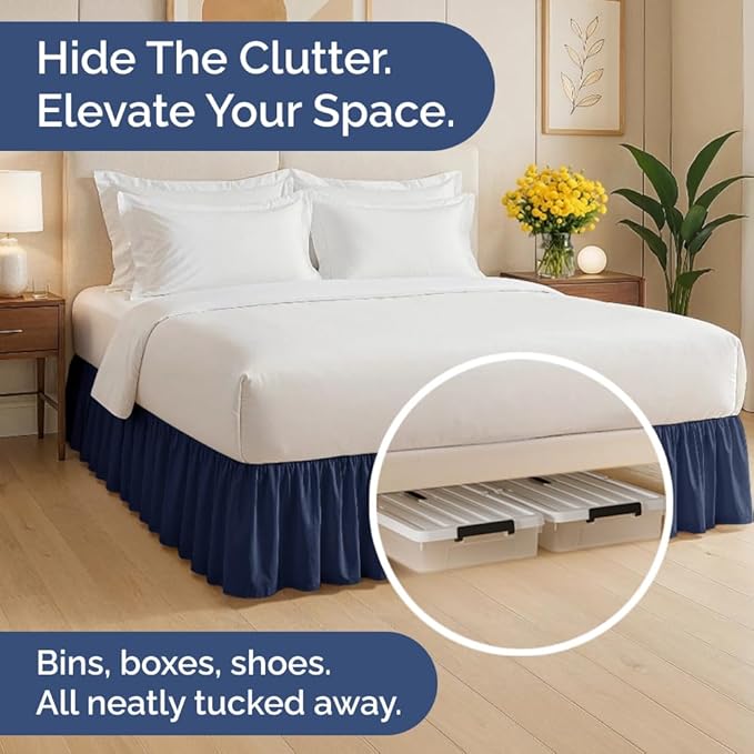 Bedskirt Queen Size Ruffle - 18 inch Drop Dust Ruffle Bed Skirt with Platform - Ultra-Soft, Easy Fit, Premium Hotel Quality - Wrinkle, Fade & Shrink Resistant - for Women, Men, Kids and Teens - Navy