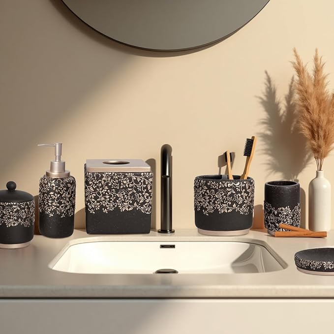 Decozen Bathroom Accessories Set 6Pcs – Soap Dispenser, Toothbrush Holder, Tumbler, Soap Dish & Cotton Swab Jar – Modern Bathroom Decor, Bath Set for Christmas Decor, Stella