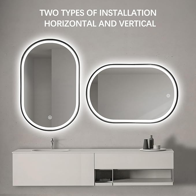 36"x24" Oval LED Bathroom Mirror with Lights, Black Anti Fog Lighted Vanity Mirror Wall Mounted, Stepless Dimmable LED Oval Mirror, Memory, ShatterProof, Front/Backlit, Horizontal/Vertical