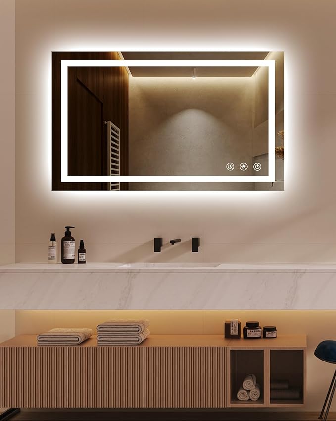 oneup 40''x24'' Bathroom Mirror with Lights,Front Lighted Bathroom Mirrors for Wall,Anti-Fog Smart Vanity Mirror,Touch Button and Memory Function,Dimmable 3-Color Lights (Horizontal/Vertical)