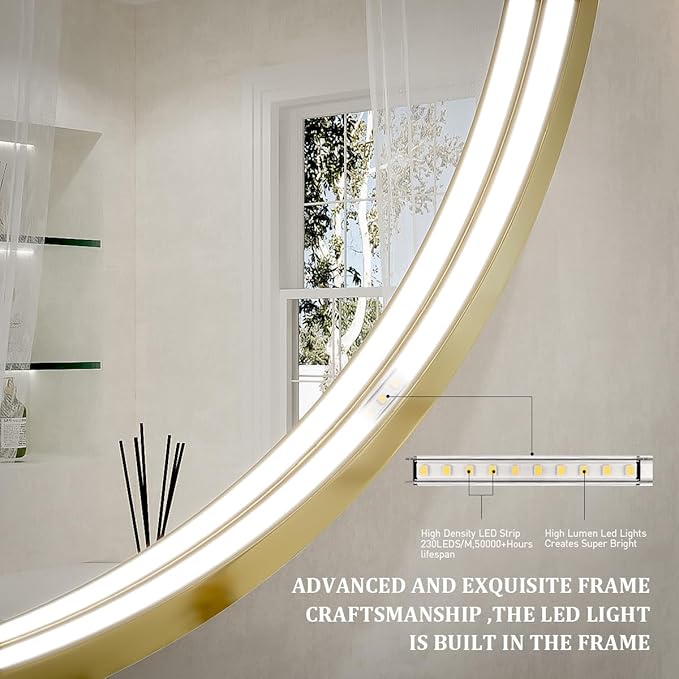 28" Round LED Bathroom Mirror, Dimmable Anti-Fog Vanity Mirror with Touch Control, 6000K Natural Light, Gold Metal Frame, Wall Mounted for Makeup Shaving (IP54, 90+ CRI)