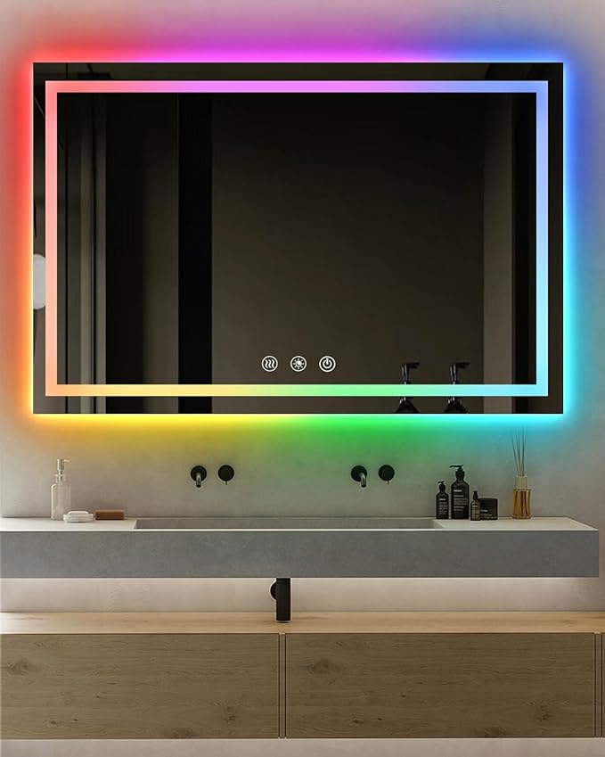 oneup 60x40 Inch LED Bathroom Mirror,RGB Color Changing Bathroom Mirror with Lights,Anti-Fog Wall-Mounted Vanity Mirrors,Smart Dimmable Multicolor Lighted,IP54 Waterproof
