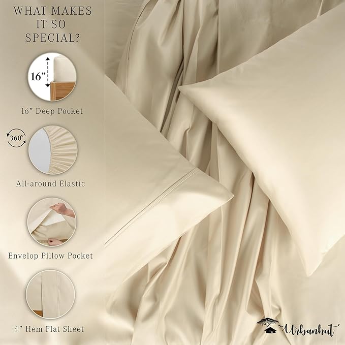 URBANHUT 700 Thread Count King Sheet Set Egyptian Cotton Sheets, 4Pc Sheet Set Soft Luxury Bed Sheets for King Size Bed, Sateen Weave Hotel Sheets, 16'' Elasticized Deep Pocket - Ivory