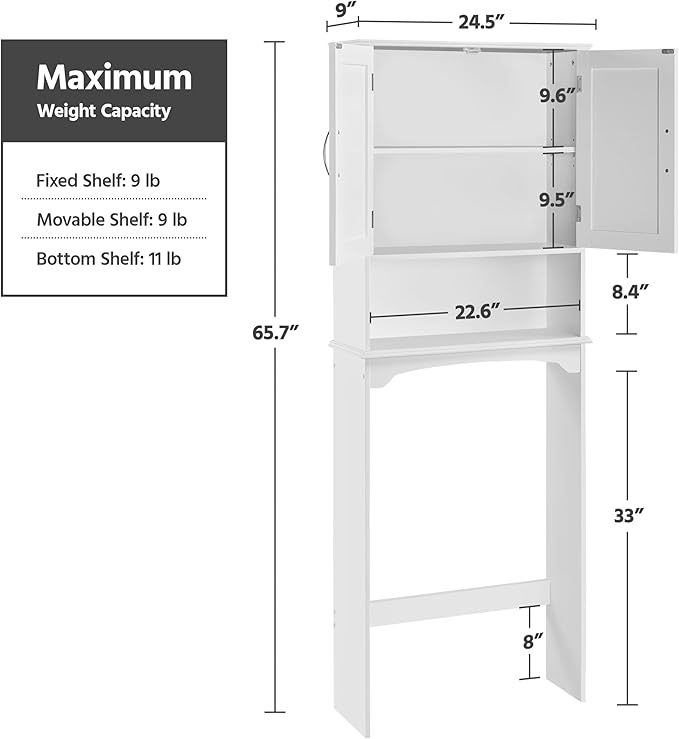 Yaheetech Over The Toilet Cabinet, Double Door Bathroom Storage Organizer, Toilet Rack with Inner Adjustable Shelf and Open Storage Shelf, White