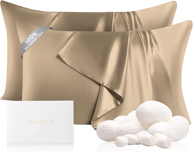 THXSILK Set of 2 100% Mulberry Silk Pillowcase for Hair and Skin Health, 22 Momme Soft and Smooth Pillowcases with Hidden Zipper, Both Sides Premium Grade 6A+ Silk, Standard 20"x26", Taupe