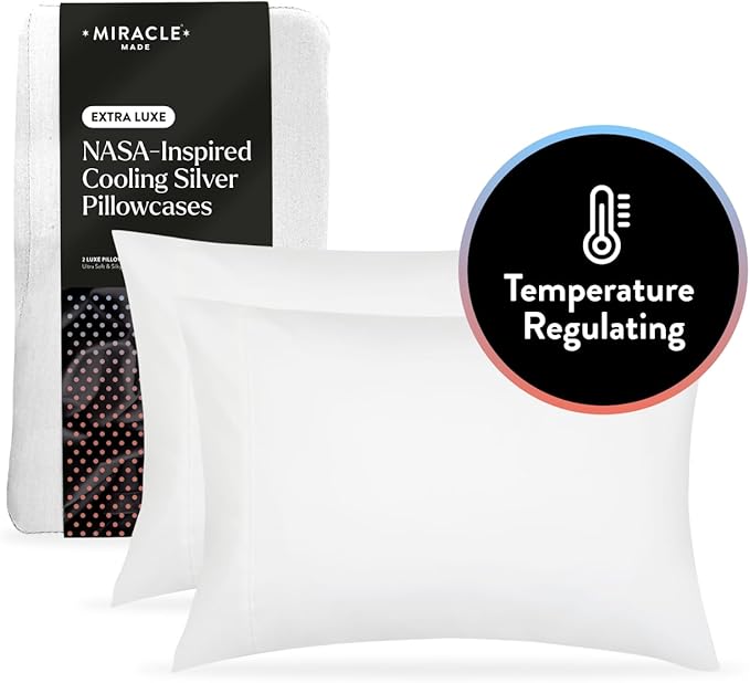 Miracle Made Extra Luxe Soft Cooling Pillowcase, 2-Piece Silver-Infused Cotton Fabric – Lightweight, Thermoregulating, Breathable Cover for Sensitive Skin, King/Cali King Size, White