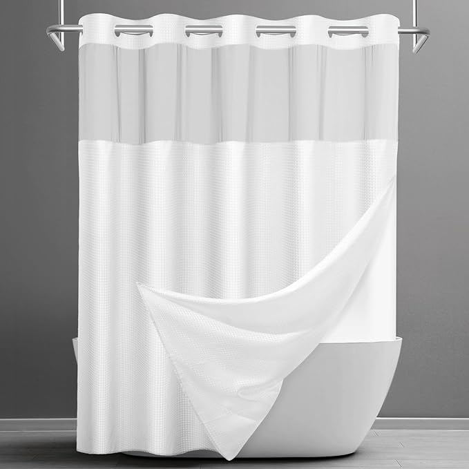 No Hook Shower Curtain with Snap in Liner Set Waffle Shower Curtain for Bathroom Hotel Style Fabric Waterproof Inner Liner，71" W x 86" H, White