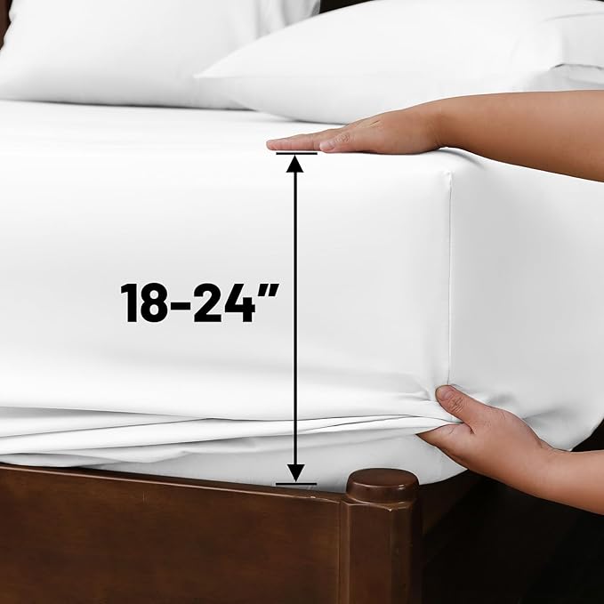 Extra Deep Pocket King Sheets 18-24 Inch 1000 Thread Count 100% Egyptian Cotton Sateen Weave Soft Breathable 4 Pieces（King，White）