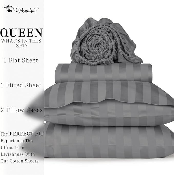 URBANHUT 1000 Thread Count Egyptian Cotton Sheets Damask Striped Queen Size, Long Staple Soft & Breathable, 4 Pc Bed Sheet Sets, Luxury Hotel Sateen Sheets Fits 16" Deep Pocket - Dark Grey