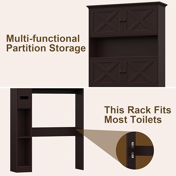 Over The Toilet Storage Cabinet, Farmhouse Storage Cabinet Over Toilet with 4 Barn Doors & Toilet Paper Holder Stand, Espresso Toilet Shelf Home Space Saver for Restroom, Bathroom, Laundry
