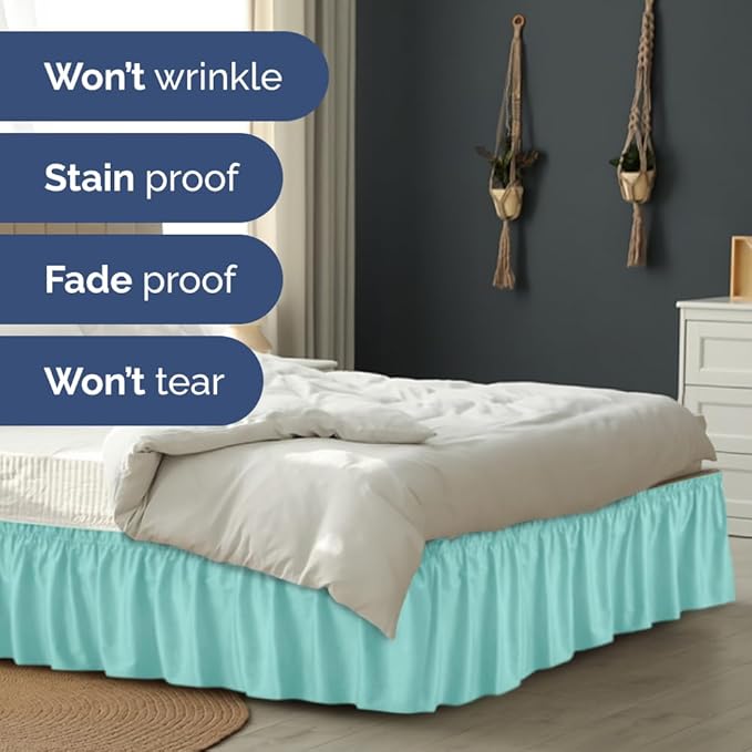 Wrap Around Dust Ruffle Bed Skirt - Spa Blue - for King Size Beds with 15 Inch Drop - Easy Fit Elastic Strap - Adjustable Pleated Bedskirt w/Brushed Fabric Wrinkle Free - for Women, Men, Kids & Teens