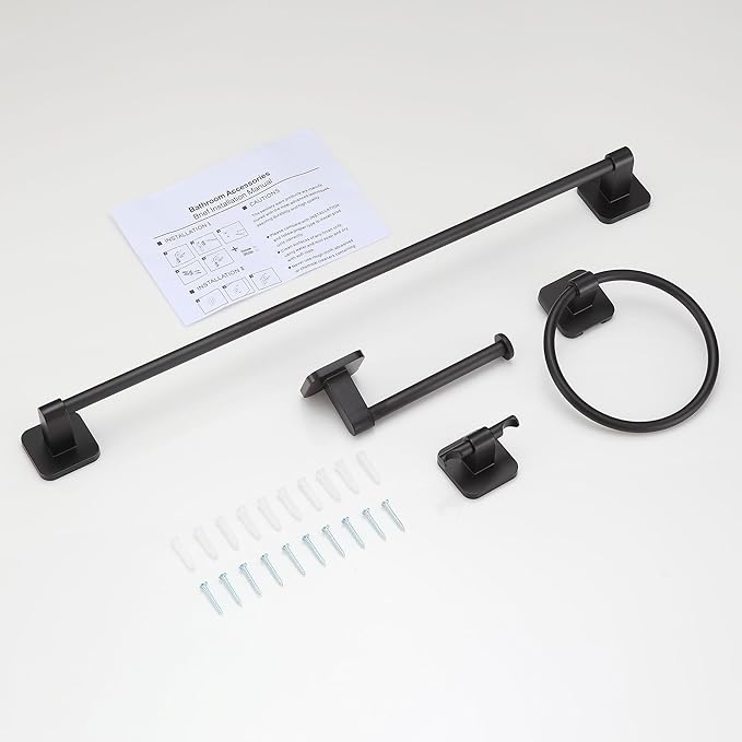Bathroom Accessories Set, 4 Pieces Bathroom Hardware Set, 24 inch Towel Bar, Towel Racks, Robe Towel Hooks, Toilet Paper Holder Wall Mounted Or Self-Adhesive,Stainless Steel and Plastic (Gray)
