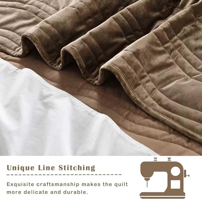 Velvet Quilt Set, Mocha Brown Velvet Quilt King Size Comforter Set, Luxury Bedding Soft Plush Bedspread, Machine Washable Coverlet, All-Season 3 Pieces