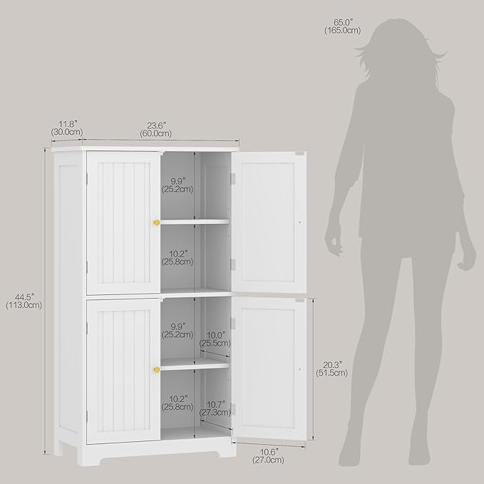 Bathroom Floor Storage Cabinet, 44.5" Freestanding Bathroom Cabinet with 4 Doors and Adjustable Shelves Modern Cupboard for Entryway, Living Room, Kitchen (White)