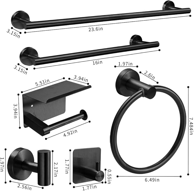 Matte Black 16-Piece Bathroom Hardware Set Stainless Steel, 24in and 16in Towel Bars Set Wall Mounted Bathroom Accessories