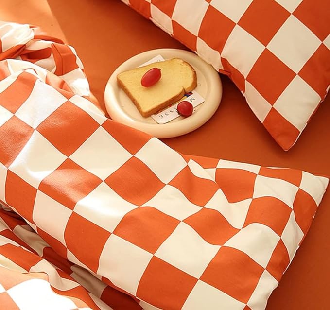 KAREVER Orange White Grid Comforter Set Twin Burnt Orange Plaid Bedding Set Girls Reddish White Checkered Bed Blanket Set Kids Durable Breathable Bedding Comforter Set