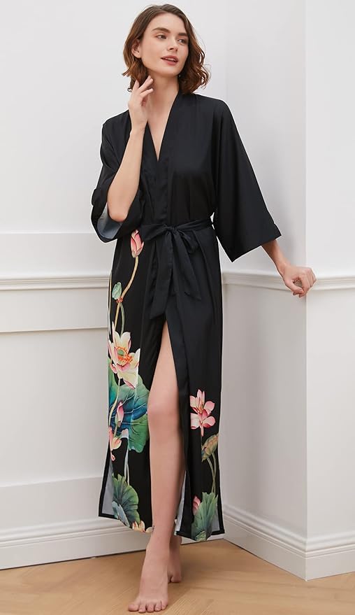 Ledamon Women's Kimono Long Robe - Classic Floral Bathrobe Nightgown