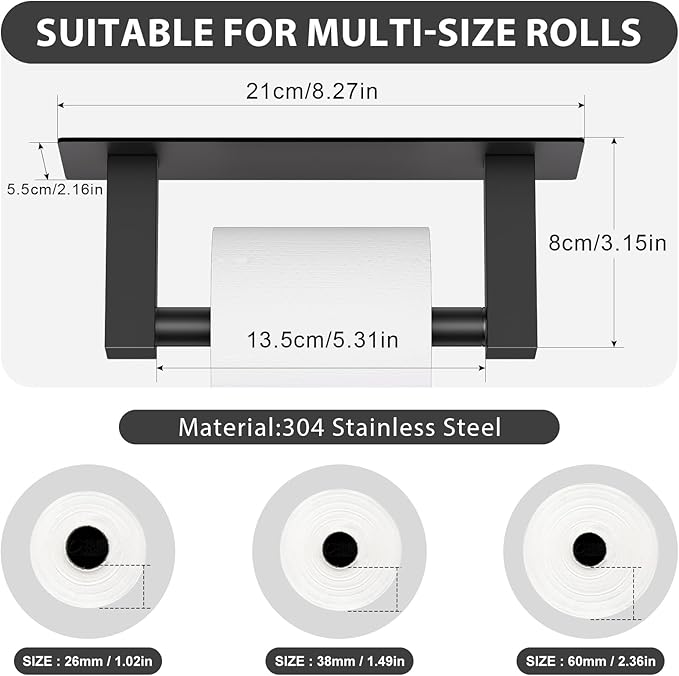 Black Self Adhesive Toilet Paper Holder, Stainless Steel Bathroom Toilet Paper Holder Stick On Wall Mount, Commercial Toilet Paper Dispenser Peel and Stick Toilet Paper Holder Adhesive