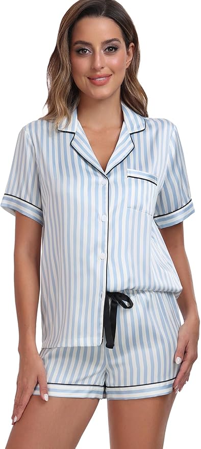 Women's Satin Pajama Set 2-Piece Sleepwear Loungewear Button Down Short Sleeve Silky PJ Set