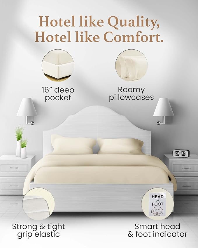Good Sleep Bedding Split King Sheets Sets for Adjustable Bed Cotton, Luxury Sheets, Egyptian Cotton, 5 Piece Cotton Split King Sheet Set, Sateen Sheets, 2 Fitted - 16" Deep Pocket, Ivory