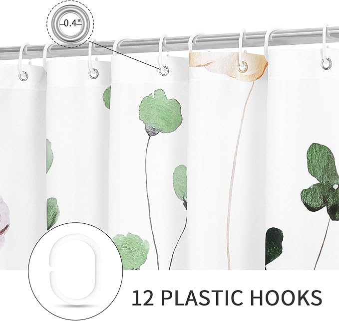 Gibelle Watercolor Floral Shower Curtain, Sage Green Beige Flower Shower Curtain for Bathroom, Modern Minimalist White Waterproof Fabric Shower Curtain Set with Hooks 72x72 Inch