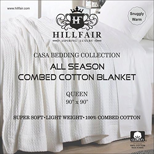 HILLFAIR 100% Combed Cotton Blanket– Queen Bed Blanket– Soft Cozy Warm Multipurpose Throws for Luxury Home Decor– 90 x 90 inch Queen Size Cotton Blankets for Beds- Bed Blankets for All Season- Blue