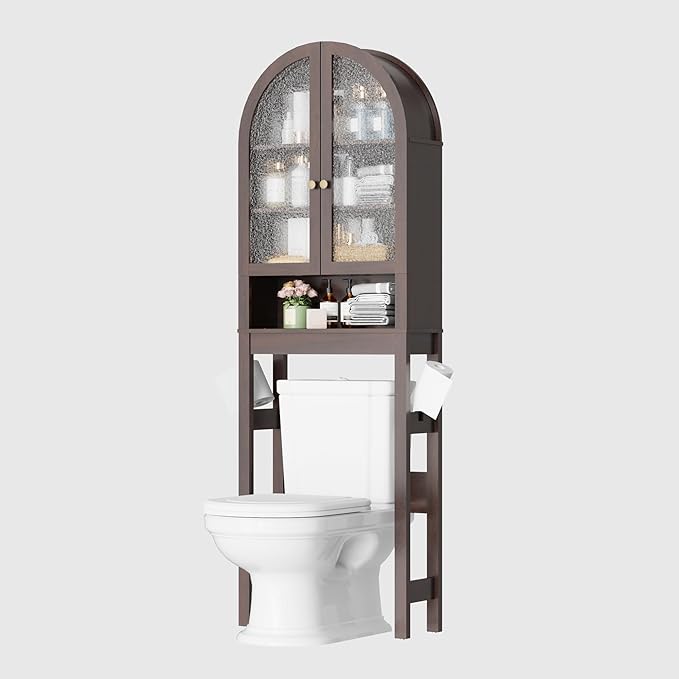 Over The Toilet Storage Cabinet, 23.7”W Modern Storage Cabinet Over Toilet with Acrylic Doors, Arched Freestanding Over Toilet Rack with Adjustable Shelf for Bathroom, Espresso