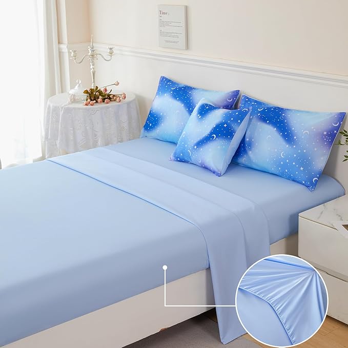 URBONUR 6Pcs Gradient Glitter Comforter Set for Girls Full Size Blue Galaxy Kids Bedding Set for Boys Comforter Sets Soft Bed in A Bag Full (Ombre Blue)