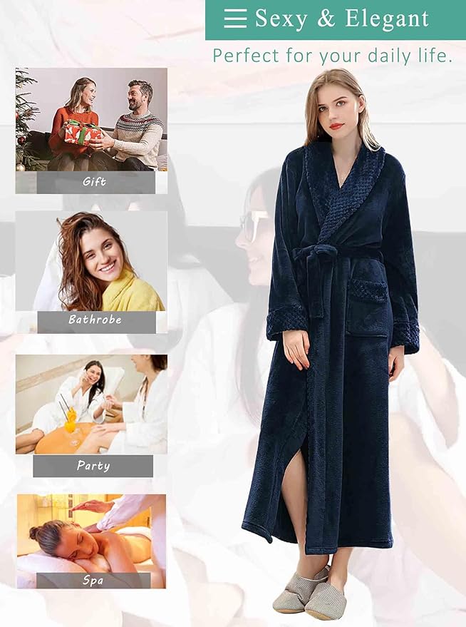Artfasion Womens Long Fleece Robe - Warm Soft Floor Length Flannel Bathrobes for Winter Thicker Long House Coat with Pockets