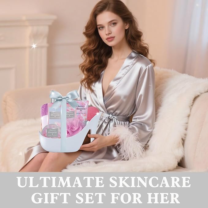 Cherry Blossom Christmas Gifts for Women Spa Basket, High Heel Bath Set with Shower Gel & Bath Bombs, Mother's Day Birthday, Anniversary Gifts for Mom, Sister, Bestie