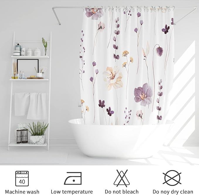 Gibelle Long Shower Curtain 72 x 78, Watercolor Floral Fabric Shower Curtain, Plum Beige Flower Decorative Bathroom Shower Curtain Set with Hooks