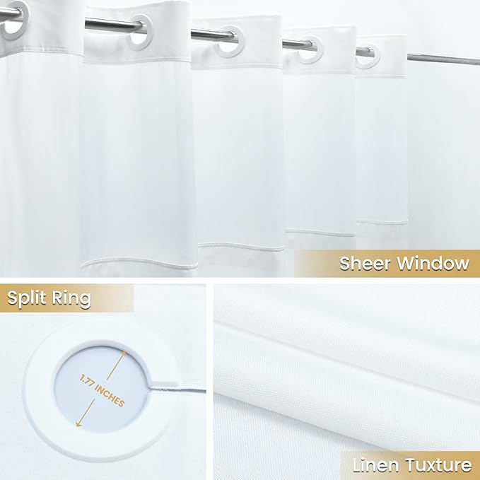 No Hook White Shower Curtain, Polyester Textured Shower Curtain with Snap in Liner Set, Waterproof & Washable Bath Curtains for Bathroom, 71Wx74H