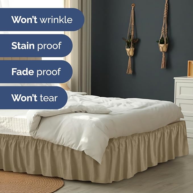 Wrap Around Dust Ruffle Bed Skirt - Khaki - for Full Size Beds w/ 12 Inch Drop - Easy Fit Elastic Strap - Adjustable Pleated Bedskirt w/Brushed Fabric - Wrinkle Free - for Women, Men, Kids & Teens