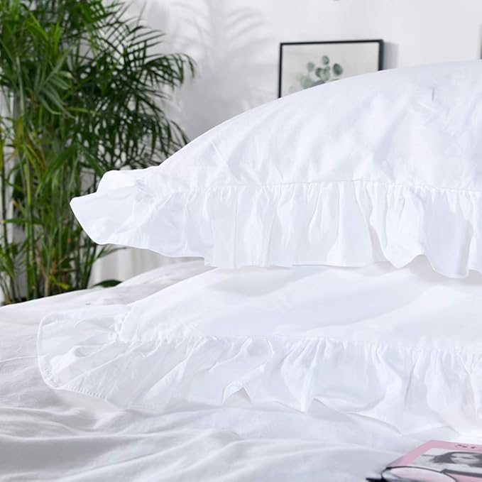 QSH Washed Cotton Ruffled King Duvet Cover Set,Vintage White Shabby Boho Chic Ruffle Farmhouse Bedding Comforter Quilt Cover 3 Pieces Aesthetic French Country Cottage King Bedding