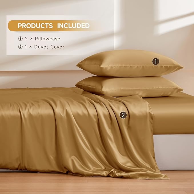 THXSILK 100% Pure Mulberry Silk Duvet Cover Set 3 Piece, 6A+ Grade Luxury Soft Bedding Silk Sheets for Hair and Skin, 1 Pcs Quilt/Comforter Cover with 2 Zippered Pillowcases (Metallic Gold, Full)