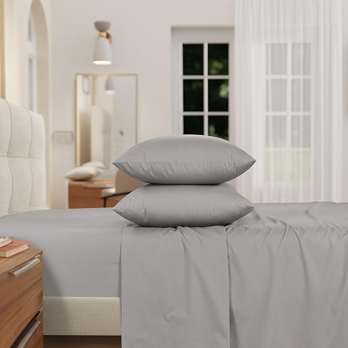 IZOD 100% Egyptian Cotton Sheets Set Full Size, Cotton Percale Crisp Sheet Set 4Pc,Lightweight & Deep Pocket fits Upto 17", Long-Staple Soft Combed, Hotel Style Luxury Bedding Sheet - Sterling Silver