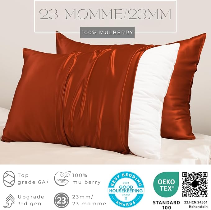 PROMEED 23 Momme Silk Pillowcase 2 Pack with Zipper, 3rd Gen Grade 6A+ 100% Mulberry Silk Pillow Case Set of 2, Cooling Pillow Cases for Hot Sleepers (Queen 20"x30", Dusk)