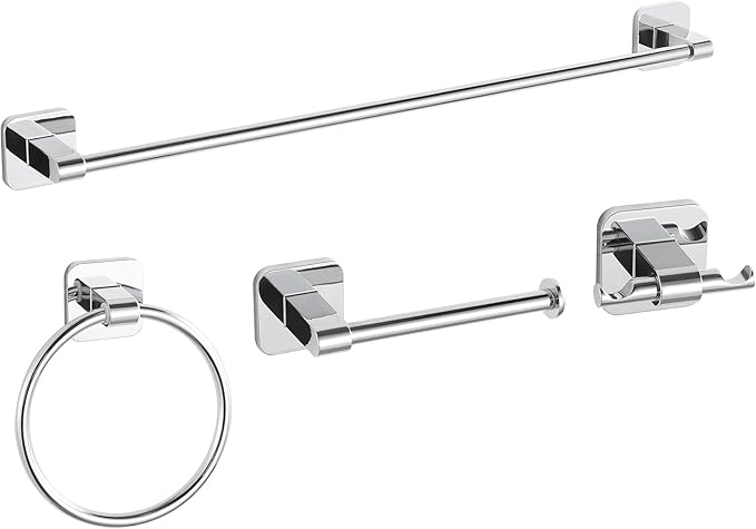 Bathroom Accessories Set, 4 Pieces Bathroom Hardware Set, 24 inch Towel Bar, Towel Racks, Robe Towel Hooks, Toilet Paper Holder Wall Mounted Or Self-Adhesive,Stainless Steel and Plastic (Chrome)