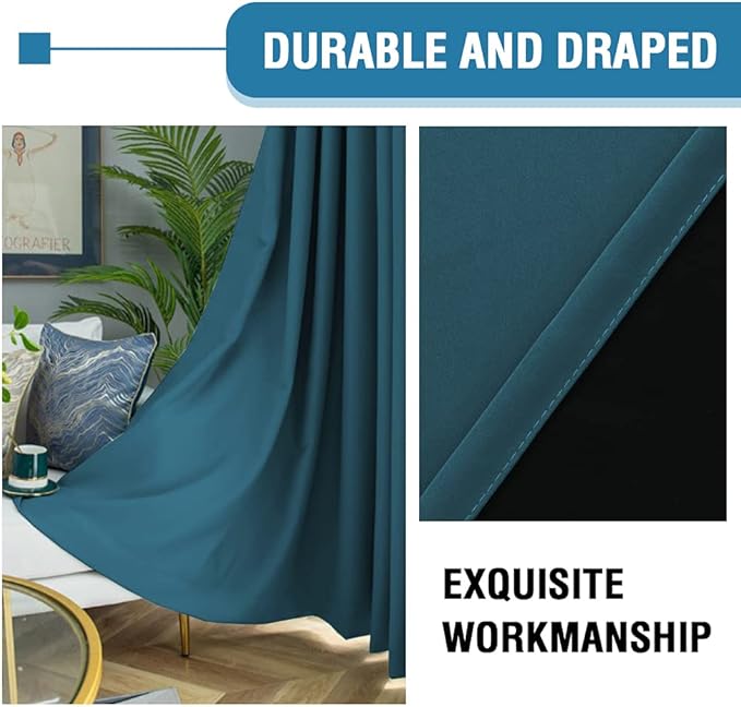 H.VERSAILTEX 100% Blackout Curtains for Bedroom Thermal Insulated Blackout Curtains for Living Room 96 Inches Long Rod Pocket Curtains with Black Liner 2 Panels Set, Dark Teal
